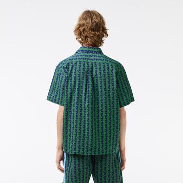  Erkek Relaxed Fit Kısa Kollu Monogram Yeşil Gömlek