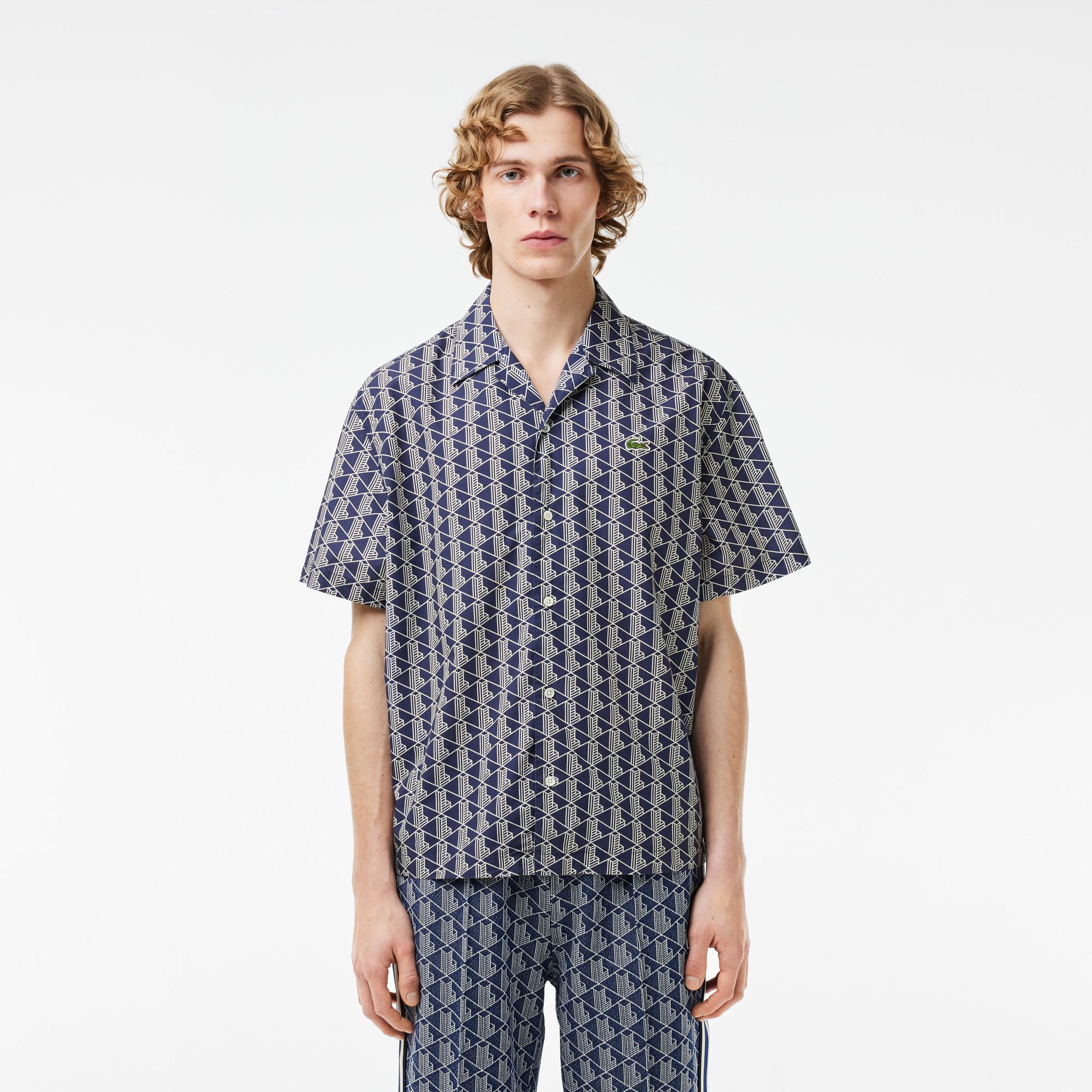 Erkek Relaxed Fit Kısa Kollu Monogram Lacivert Gömlek