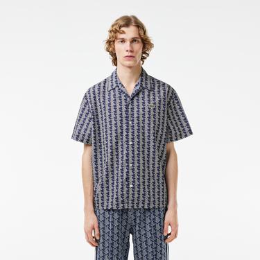 Erkek Relaxed Fit Kısa Kollu Monogram Lacivert Gömlek