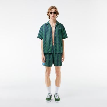  Erkek Relaxed Fit Kısa Kollu Monogram Yeşil Gömlek