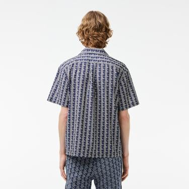  Erkek Relaxed Fit Kısa Kollu Monogram Lacivert Gömlek
