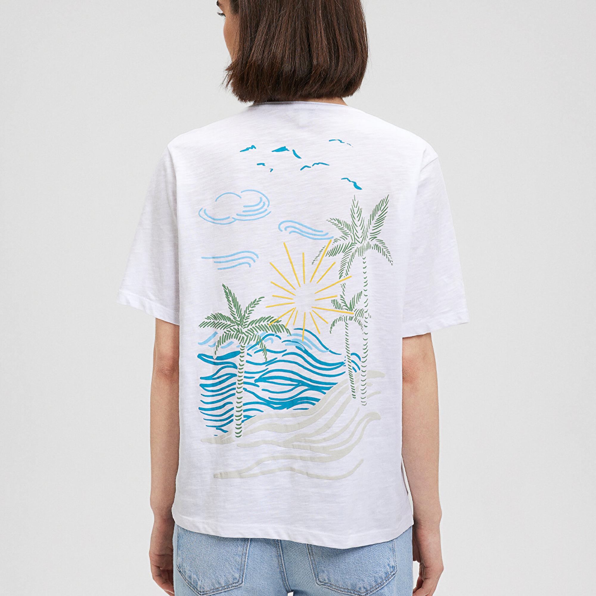 Mavi Sırt Baskılı Beyaz Tişört Regular Fit / Normal Kesim 1612567-620