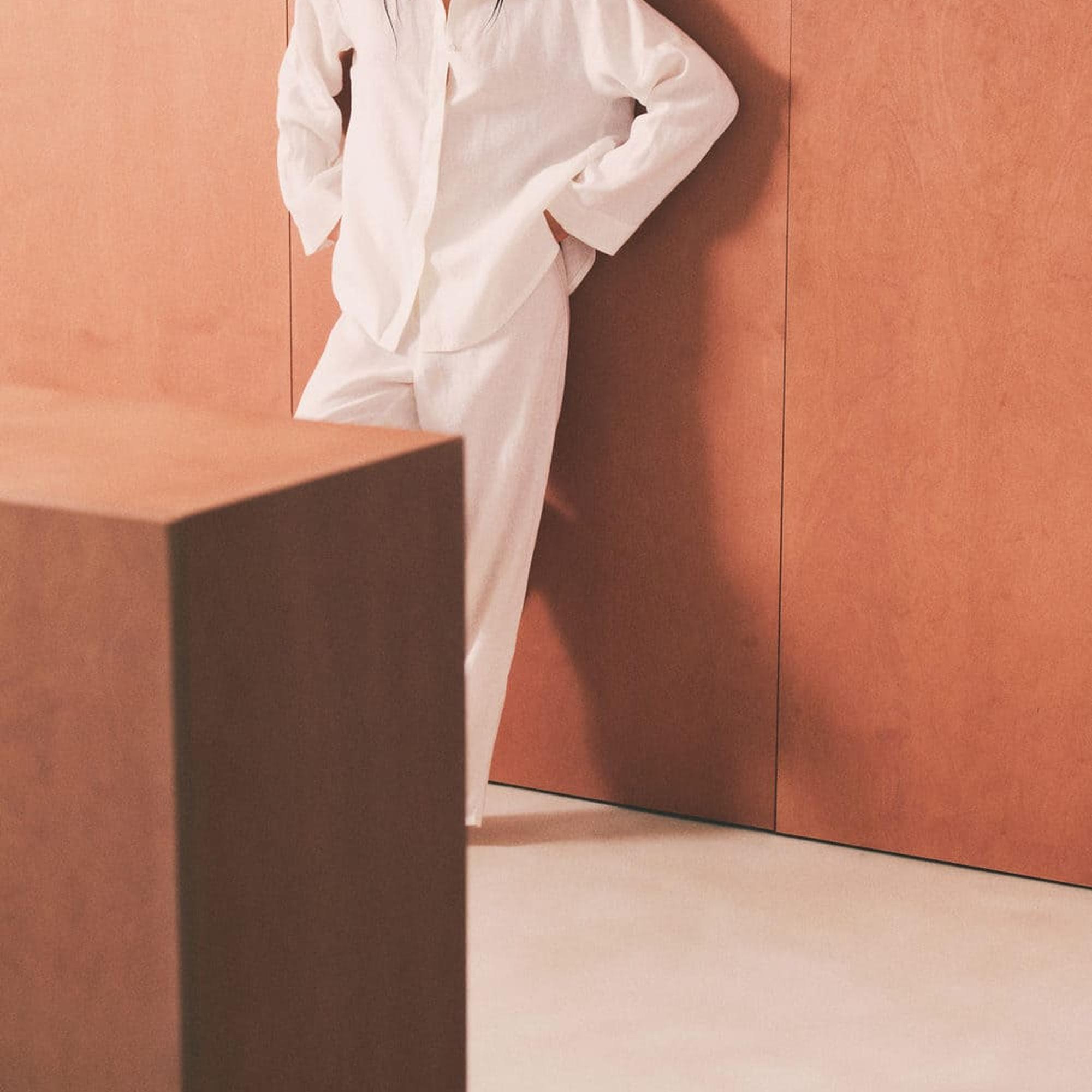 Mango Kadın %100 Keten Pijama Gömlek Beyaz