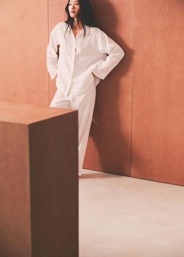  Mango Kadın %100 Keten Pijama Gömlek Beyaz