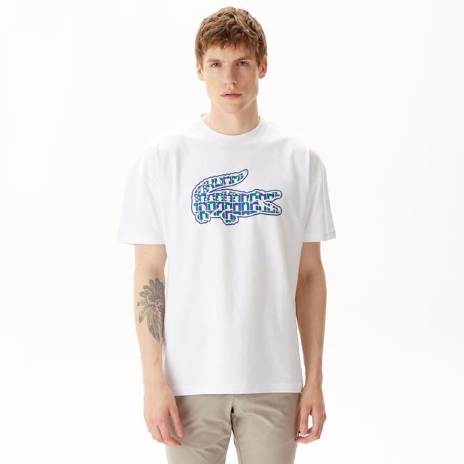  Erkek Relaxed Fit Bisiklet Yaka Baskılı Beyaz T-Shirt