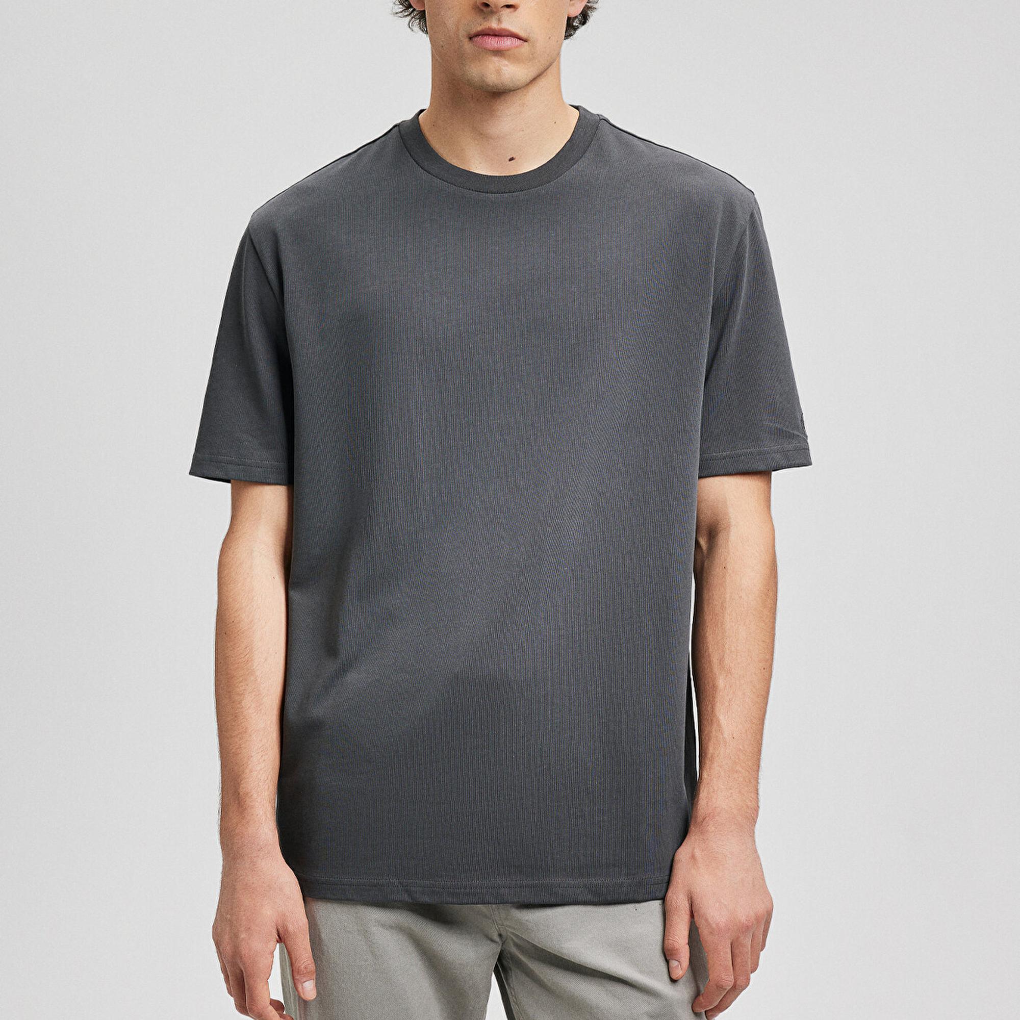 Mavi Logo Detay Kollu Gri Basic Tişört Loose Fit / Bol Rahat Kesim 0611924-70092