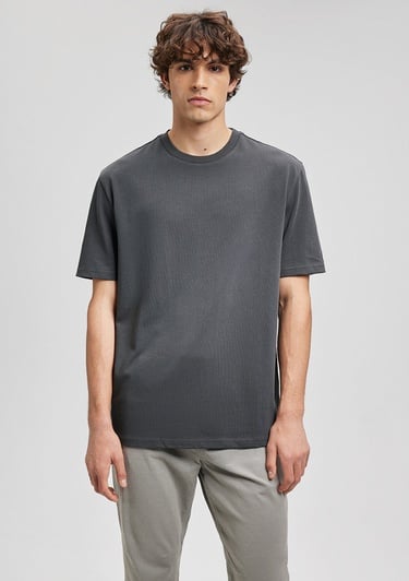  Mavi Logo Detay Kollu Gri Basic Tişört Loose Fit / Bol Rahat Kesim 0611924-70092