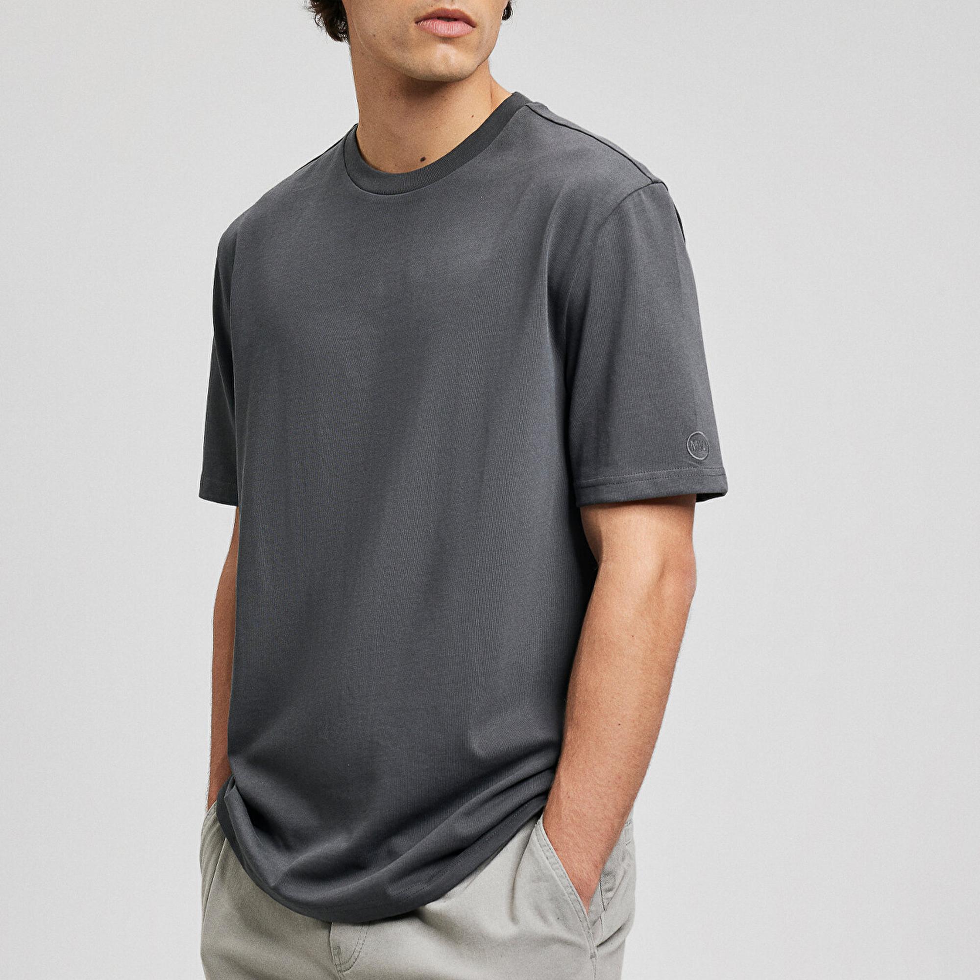 Mavi Logo Detay Kollu Gri Basic Tişört Loose Fit / Bol Rahat Kesim 0611924-70092