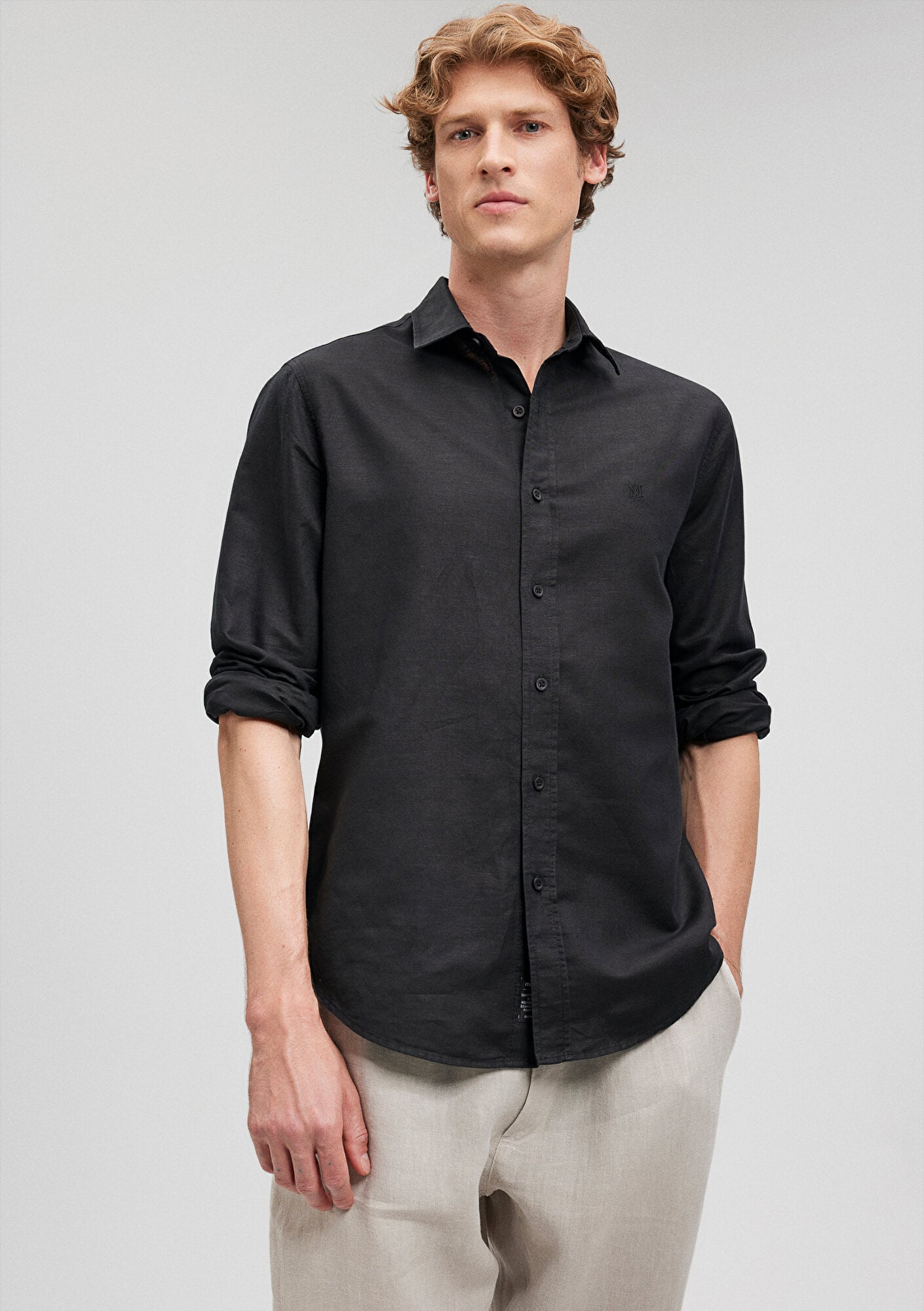  Mavi Keten Karışımlı Siyah Gömlek Regular Fit / Normal Kesim 0210781-900