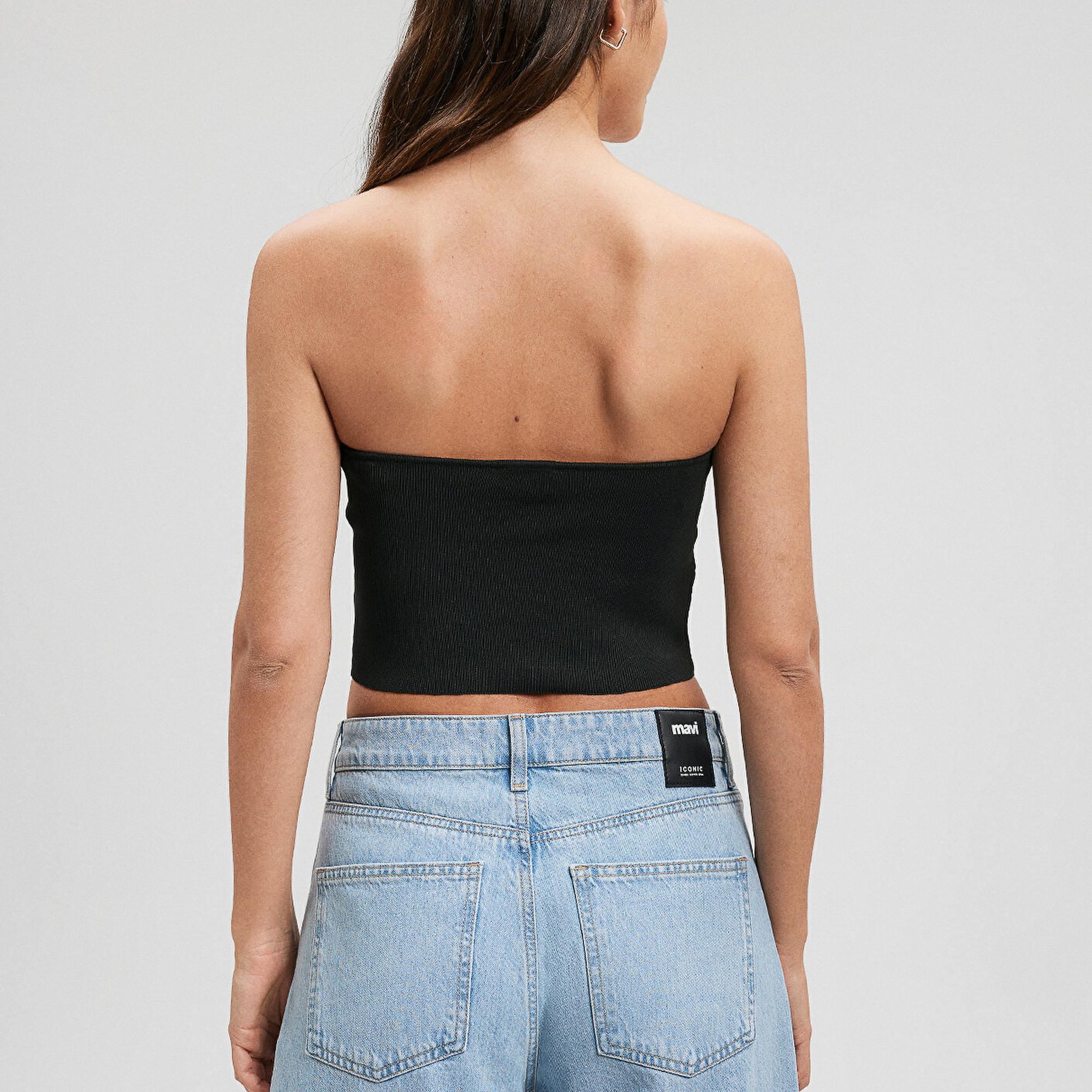 Mavi Straplez Siyah Triko Top Crop / Kısa Kesim 1710448-900