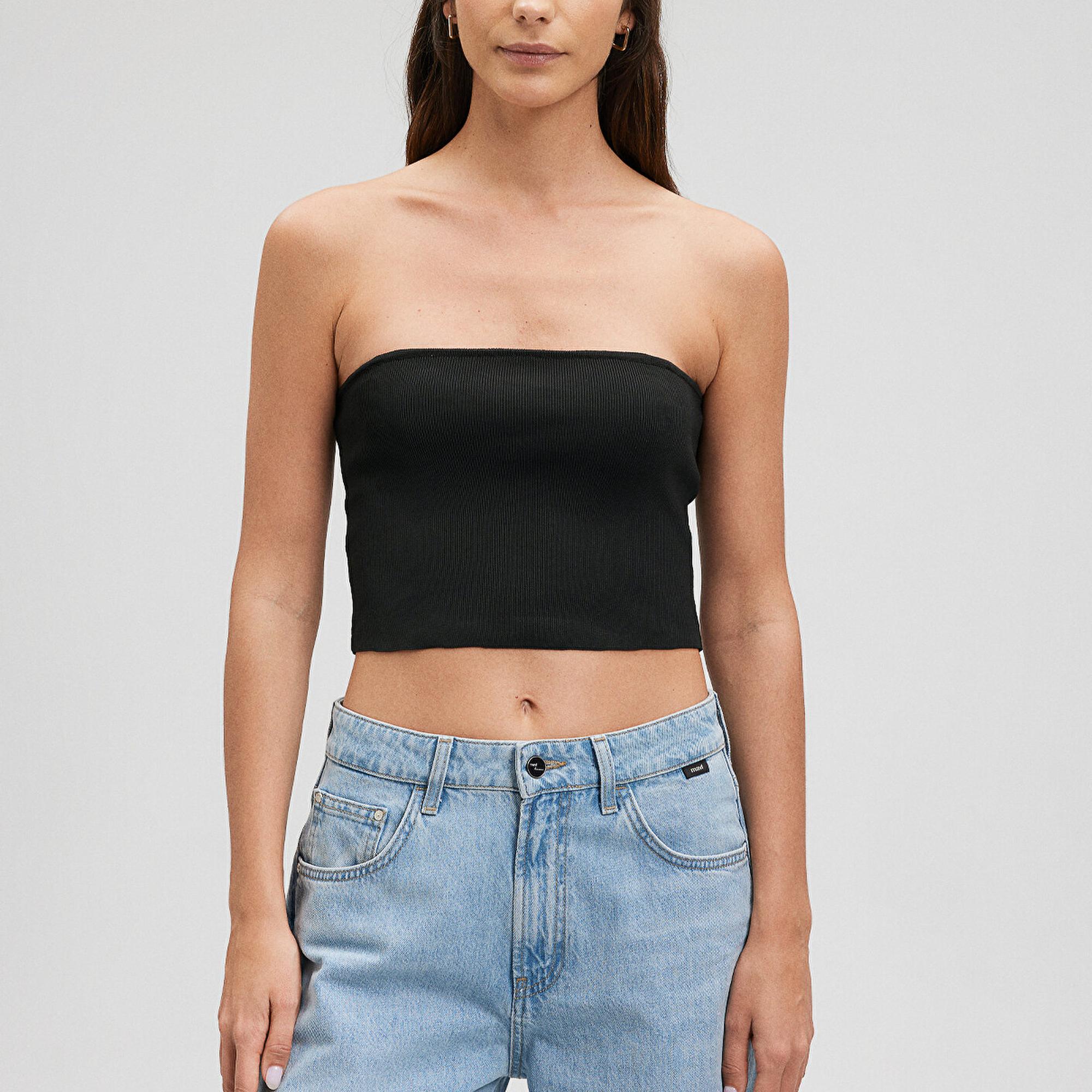 Mavi Straplez Siyah Triko Top Crop / Kısa Kesim 1710448-900