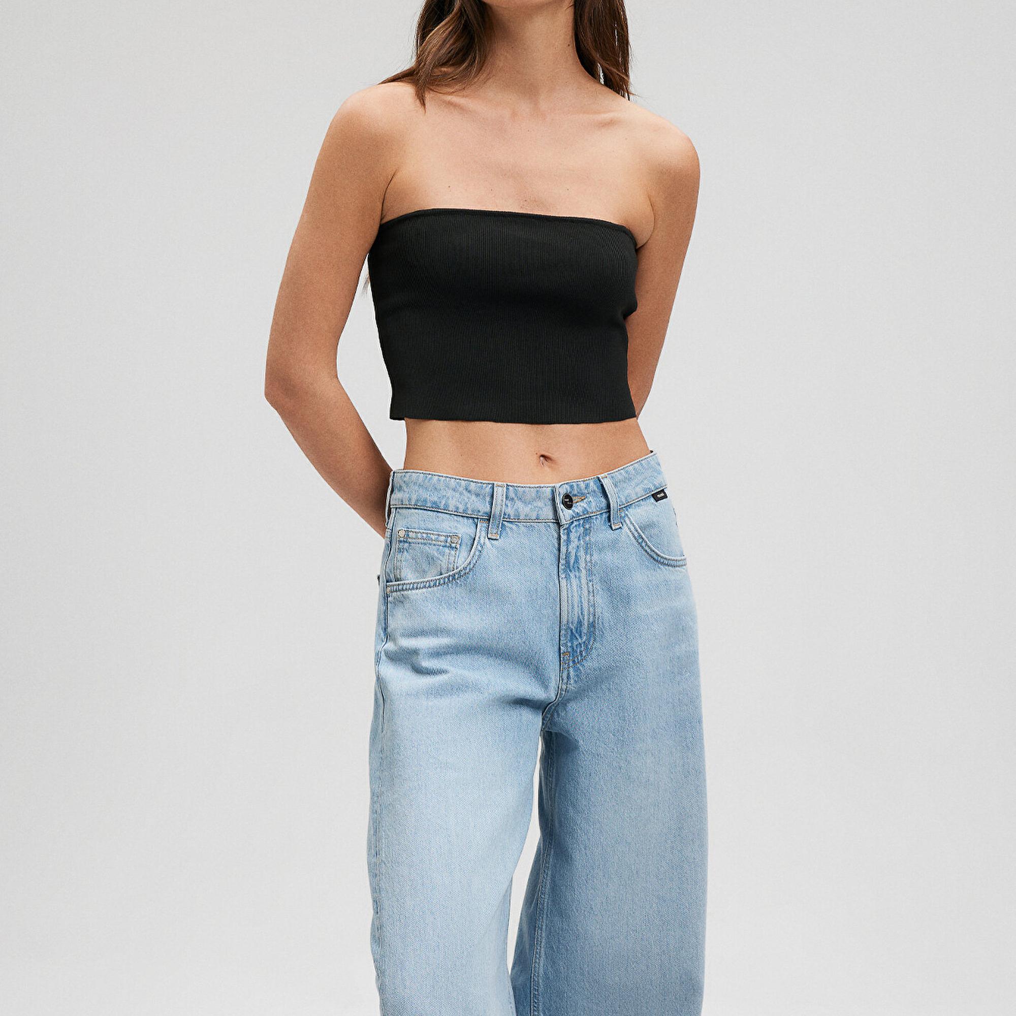 Mavi Straplez Siyah Triko Top Crop / Kısa Kesim 1710448-900