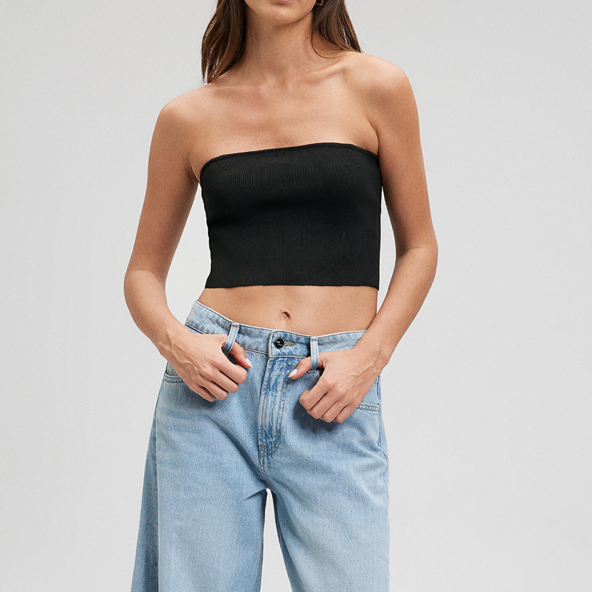 Mavi Straplez Siyah Triko Top Crop / Kısa Kesim 1710448-900