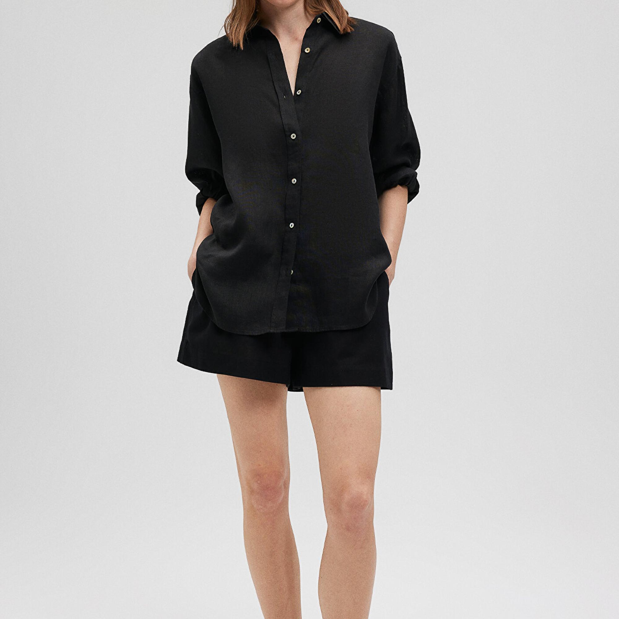 Mavi Siyah Keten Gömlek Oversize / Geniş Kesim 1210747-900