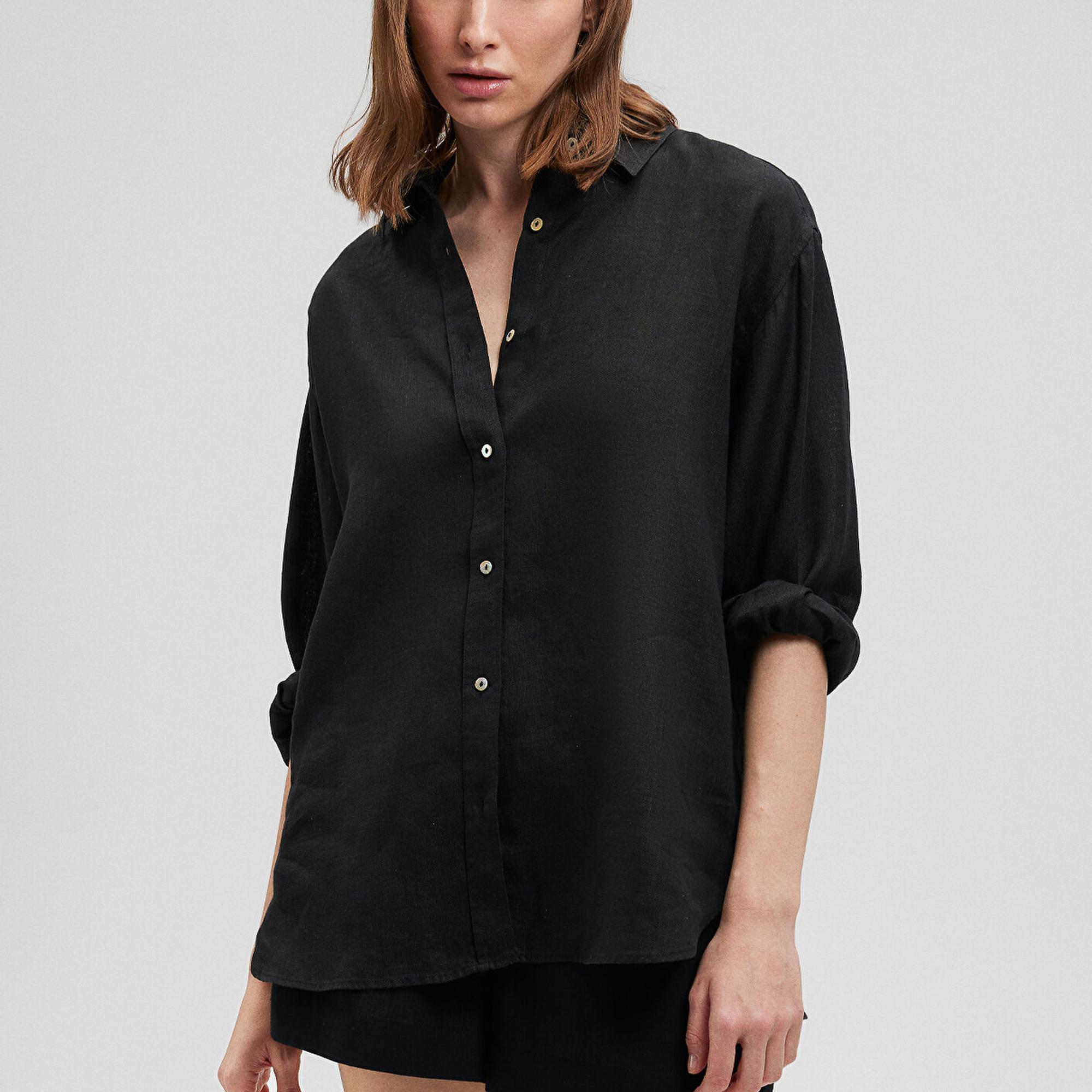 Mavi Siyah Keten Gömlek Oversize / Geniş Kesim 1210747-900