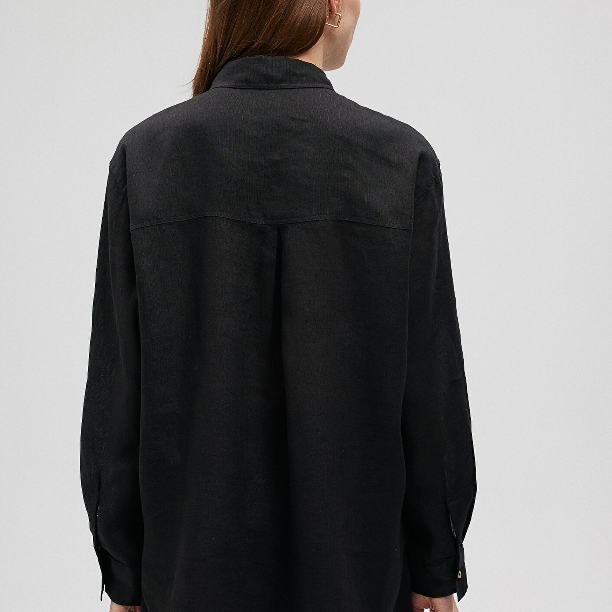 Mavi Siyah Keten Gömlek Oversize / Geniş Kesim 1210747-900