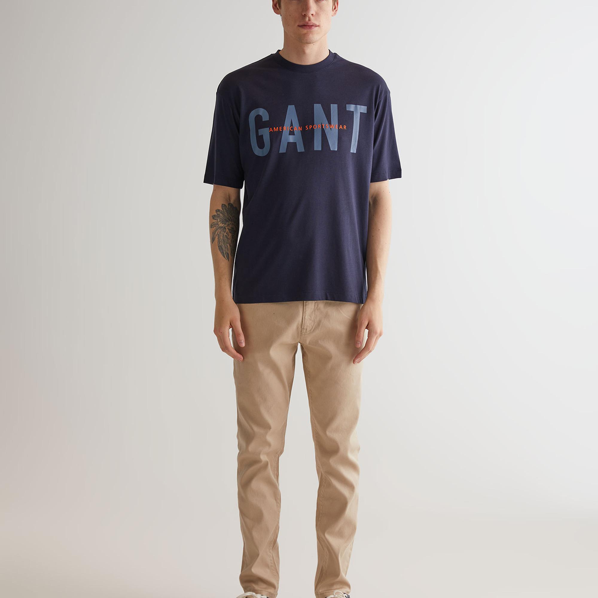 GANT Erkek Lacivert Oversize Fit Bisiklet Yaka Logolu T-shirt
