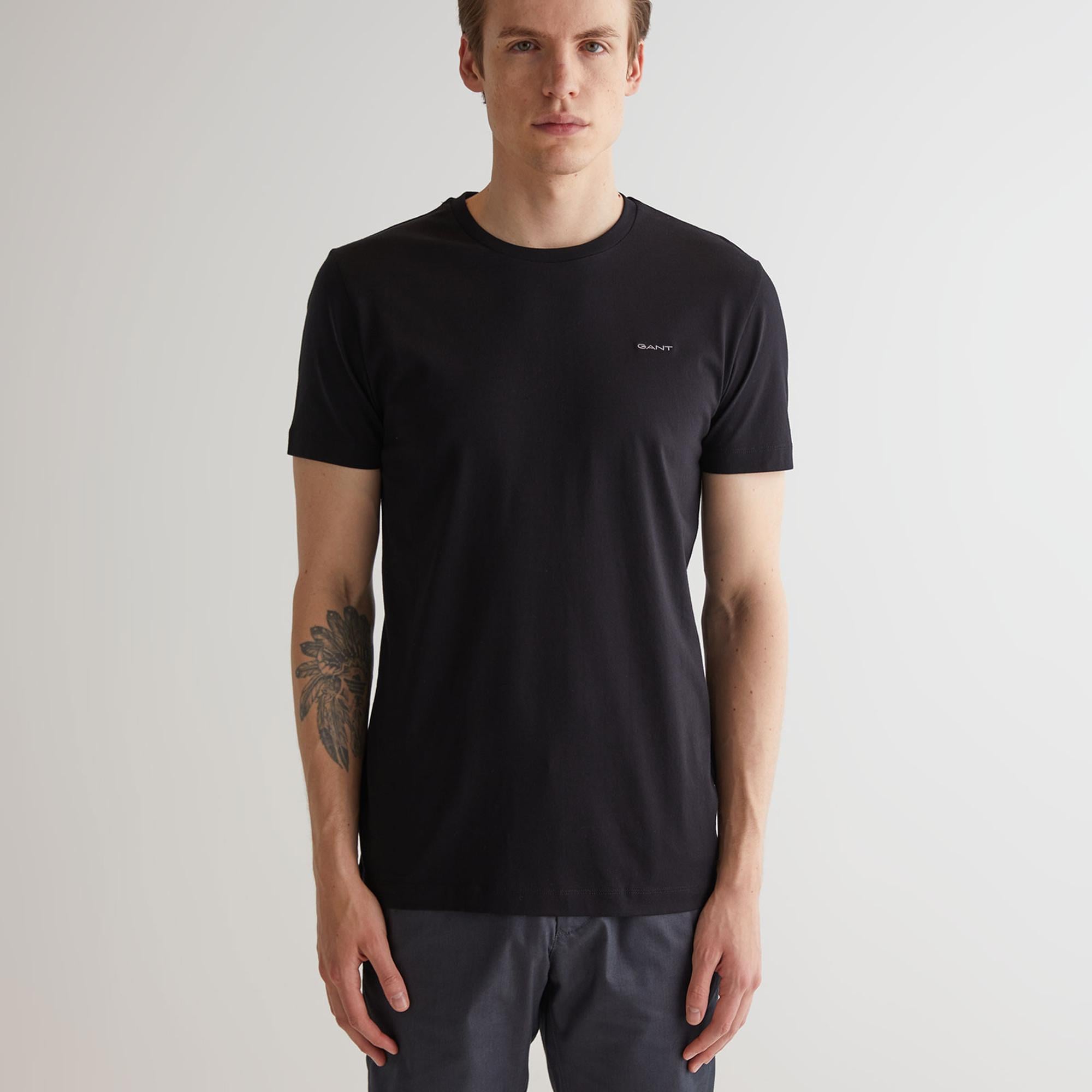 GANT Erkek Siyah Slim Fit Bisiklet Yaka T-shirt