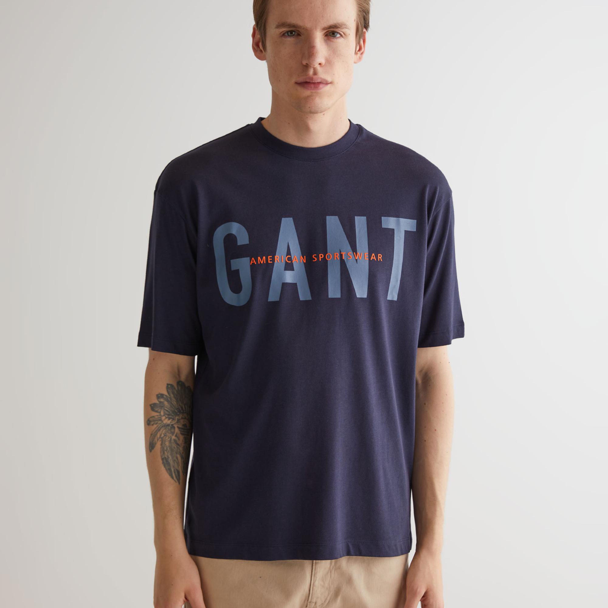 GANT Erkek Lacivert Oversize Fit Bisiklet Yaka Logolu T-shirt