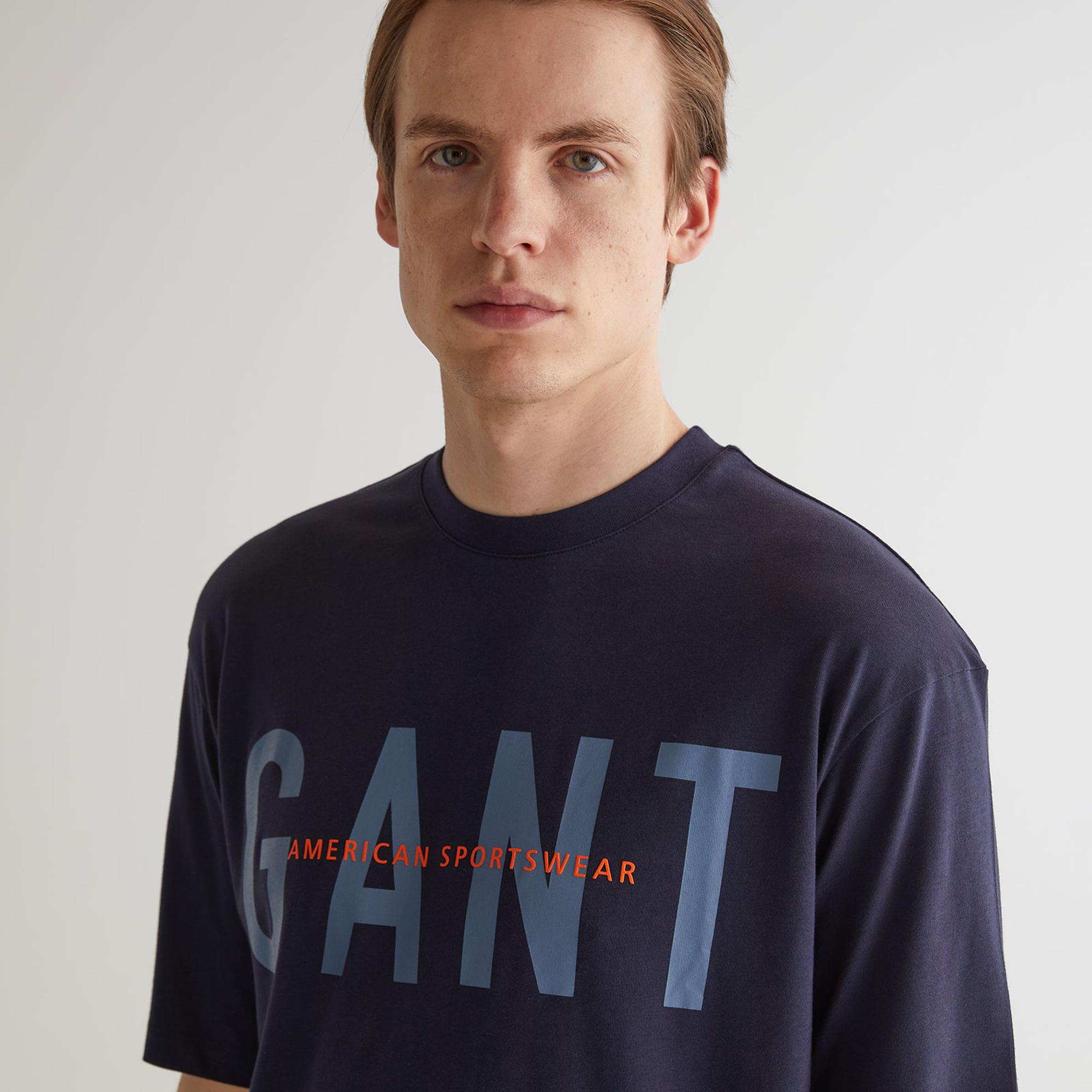 GANT Erkek Lacivert Oversize Fit Bisiklet Yaka Logolu T-shirt