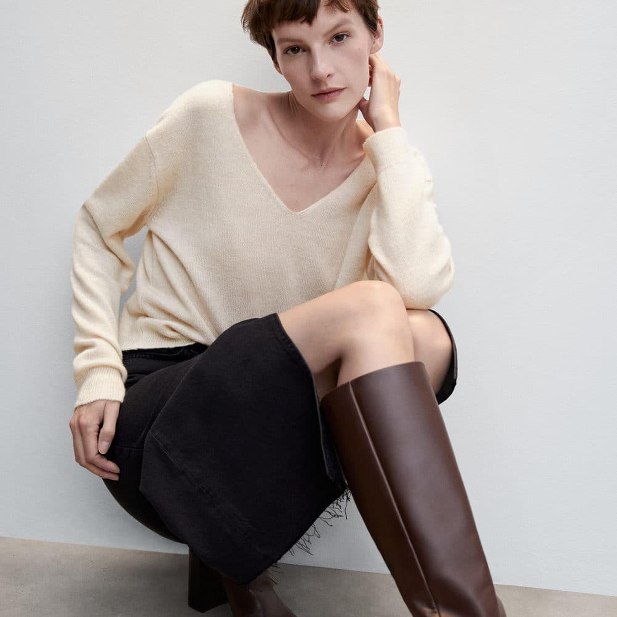 Mango Kadın V Yaka Triko Kazak Ekru