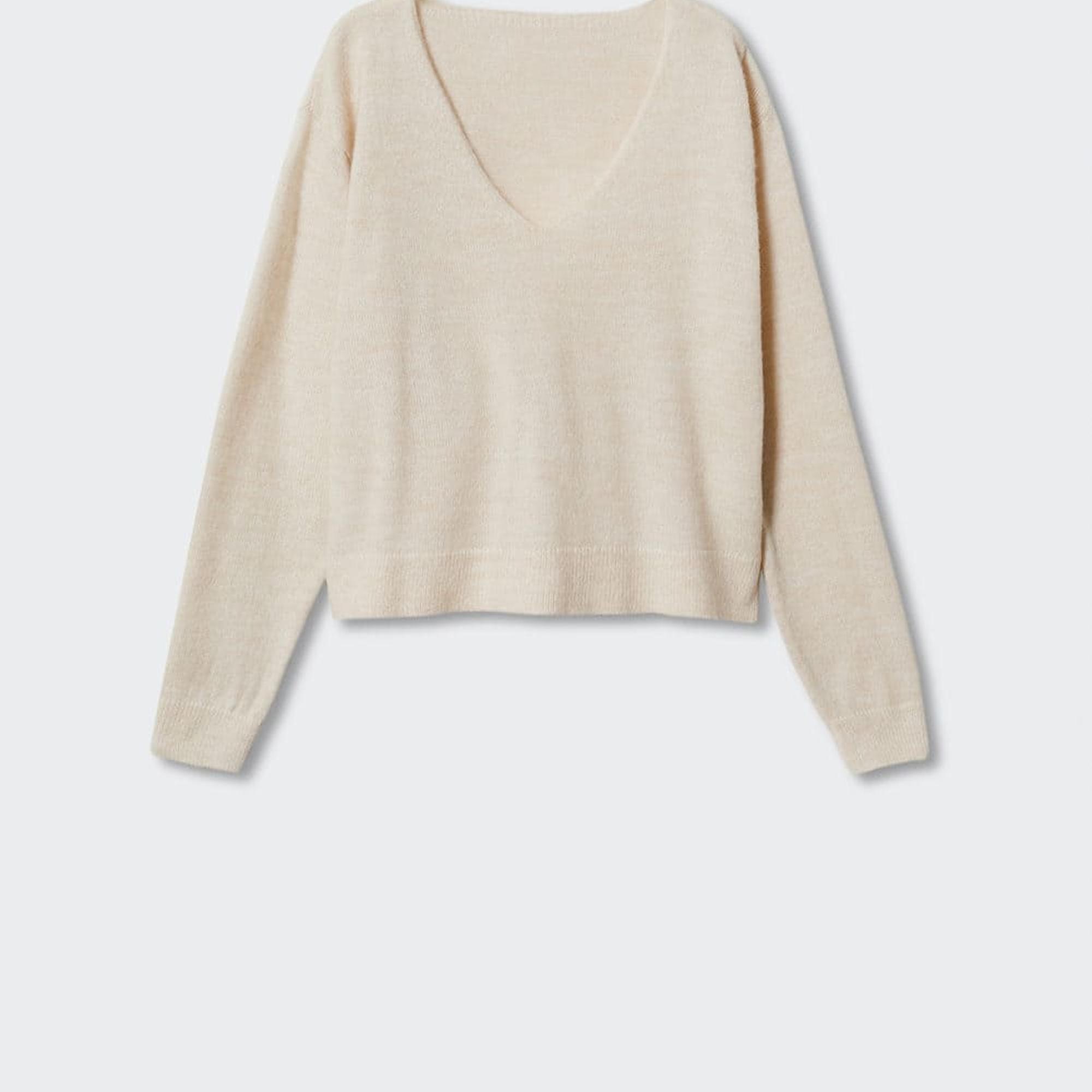 Mango Kadın V Yaka Triko Kazak Ekru
