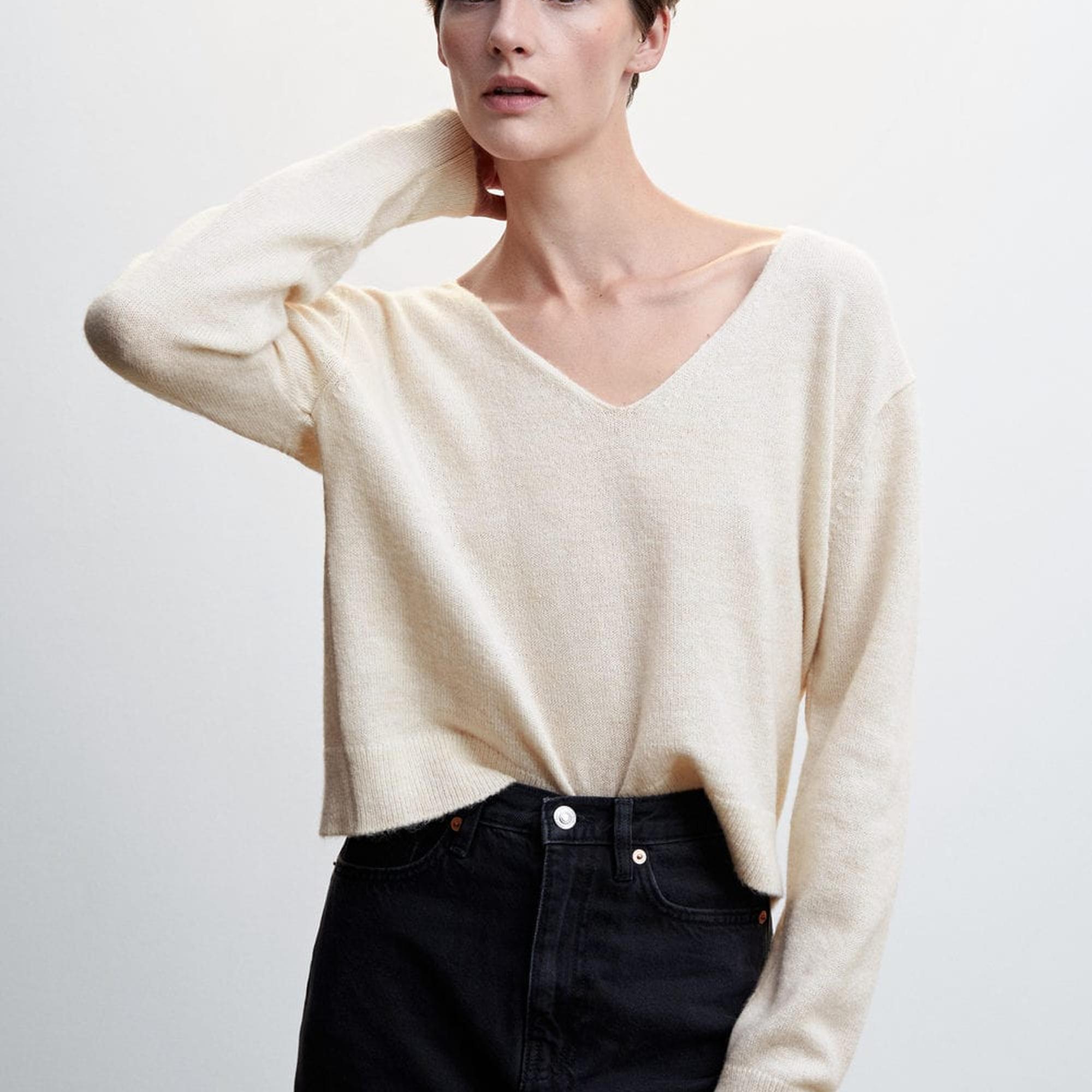 Mango Kadın V Yaka Triko Kazak Ekru