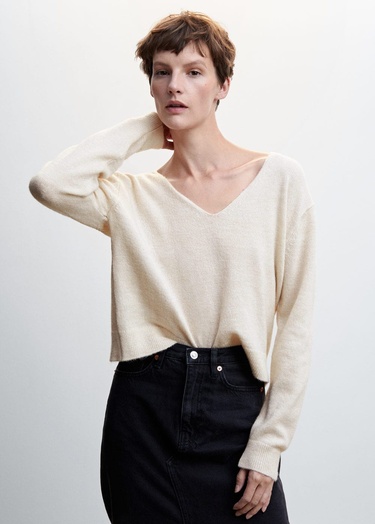  Mango Kadın V Yaka Triko Kazak Ekru