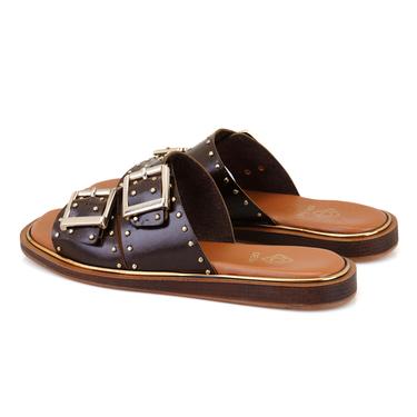  Kahve Kadın Ayarlanabilir Tokalı Deri Terlik