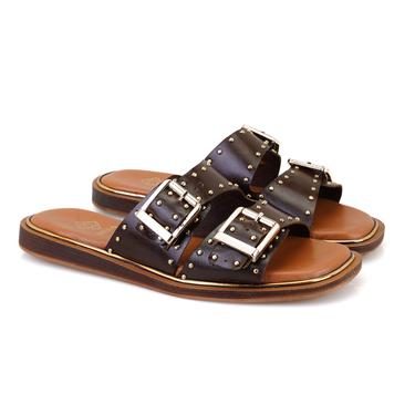  Kahve Kadın Ayarlanabilir Tokalı Deri Terlik