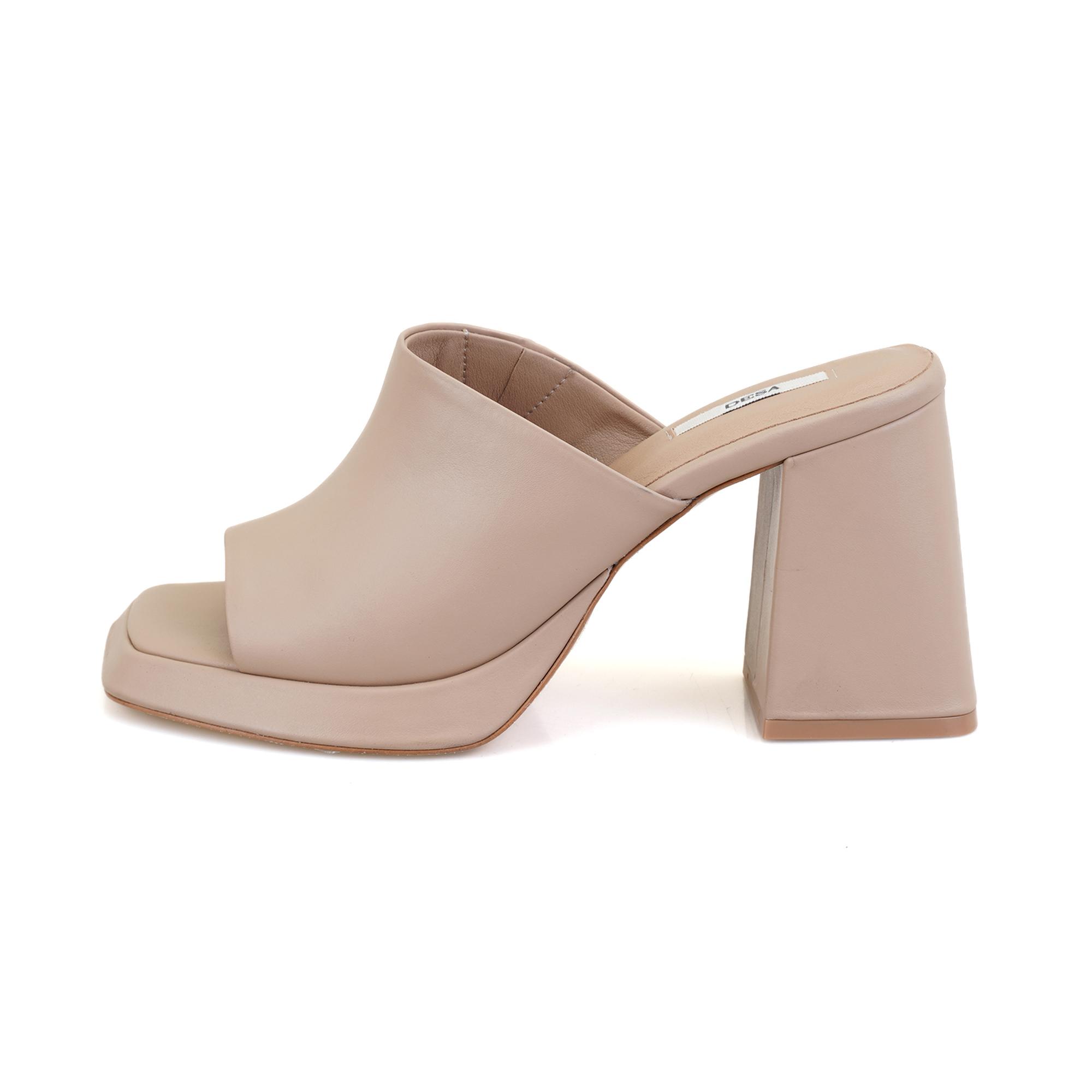 Kadın Bej Topuklu Napa Deri Terlik