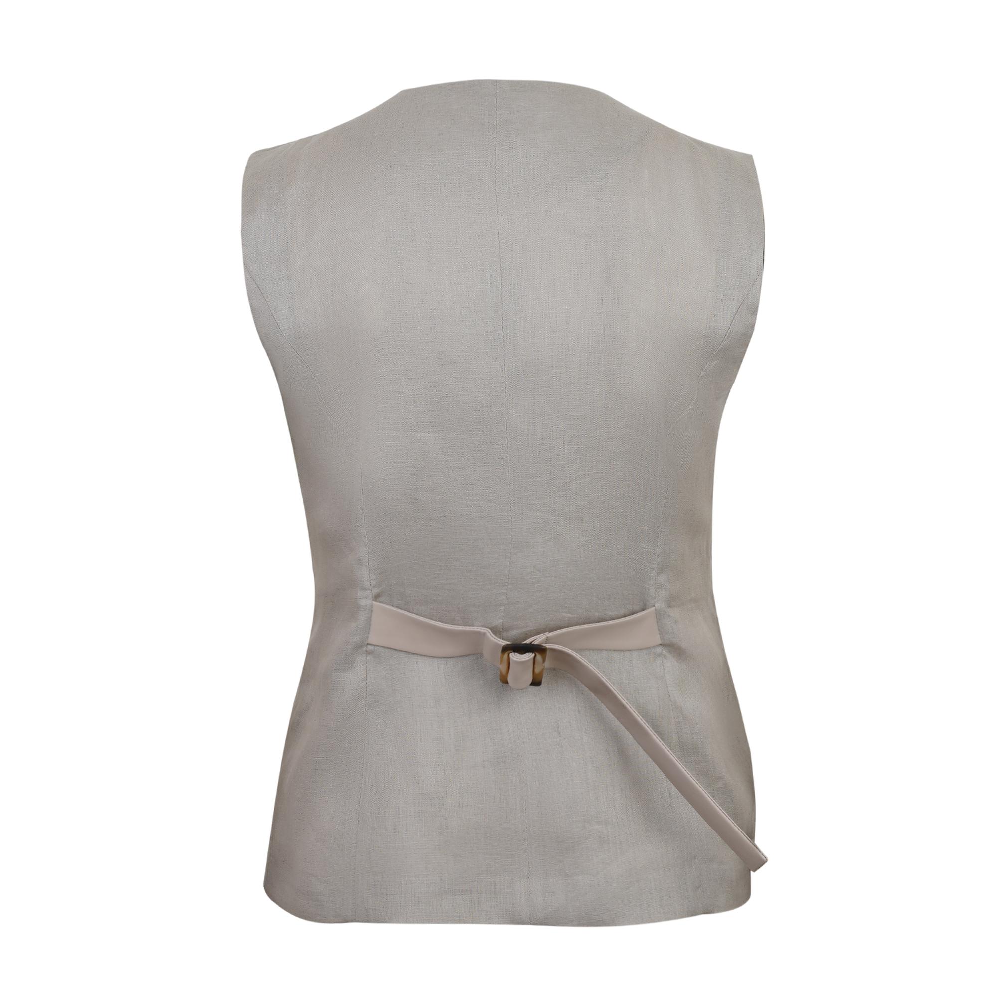 Siena Bej Kadın Deri Keten Yelek/Bluz