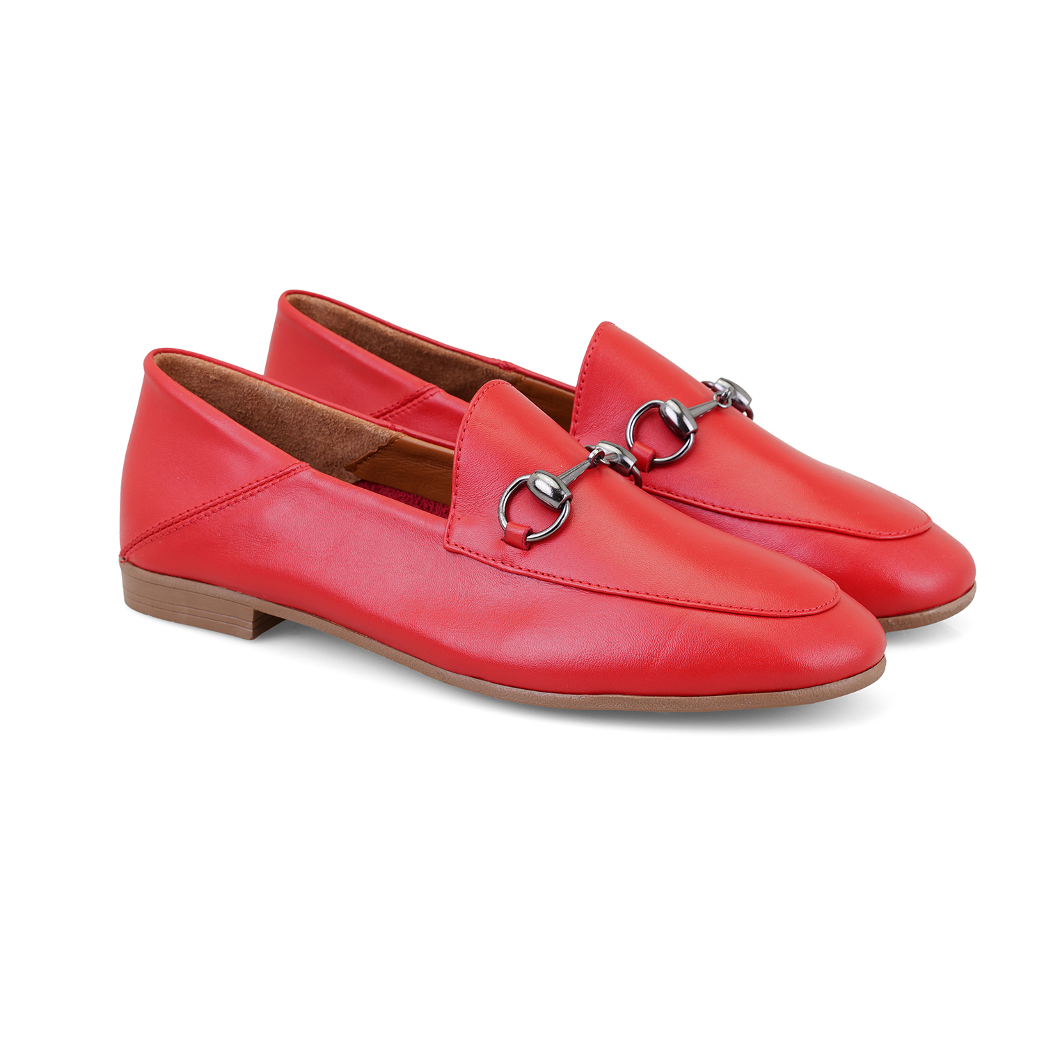  Kadın Kırmızı Toka Aksesuarlı Deri Babet