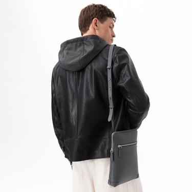  Aimone Siyah Erkek Kapüşonlu Deri Ceket