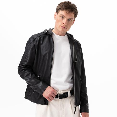  Aimone Siyah Erkek Kapüşonlu Deri Ceket