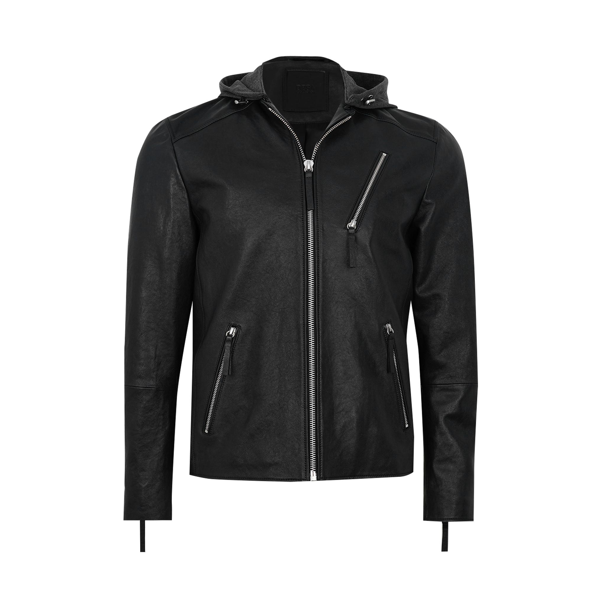 Aimone Siyah Erkek Kapüşonlu Deri Ceket