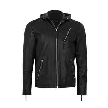  Aimone Siyah Erkek Kapüşonlu Deri Ceket
