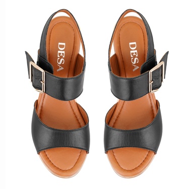  Kadın Siyah Ayarlanabilir Tokalı Topuklu Deri Sandalet