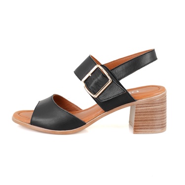  Kadın Siyah Ayarlanabilir Tokalı Topuklu Deri Sandalet