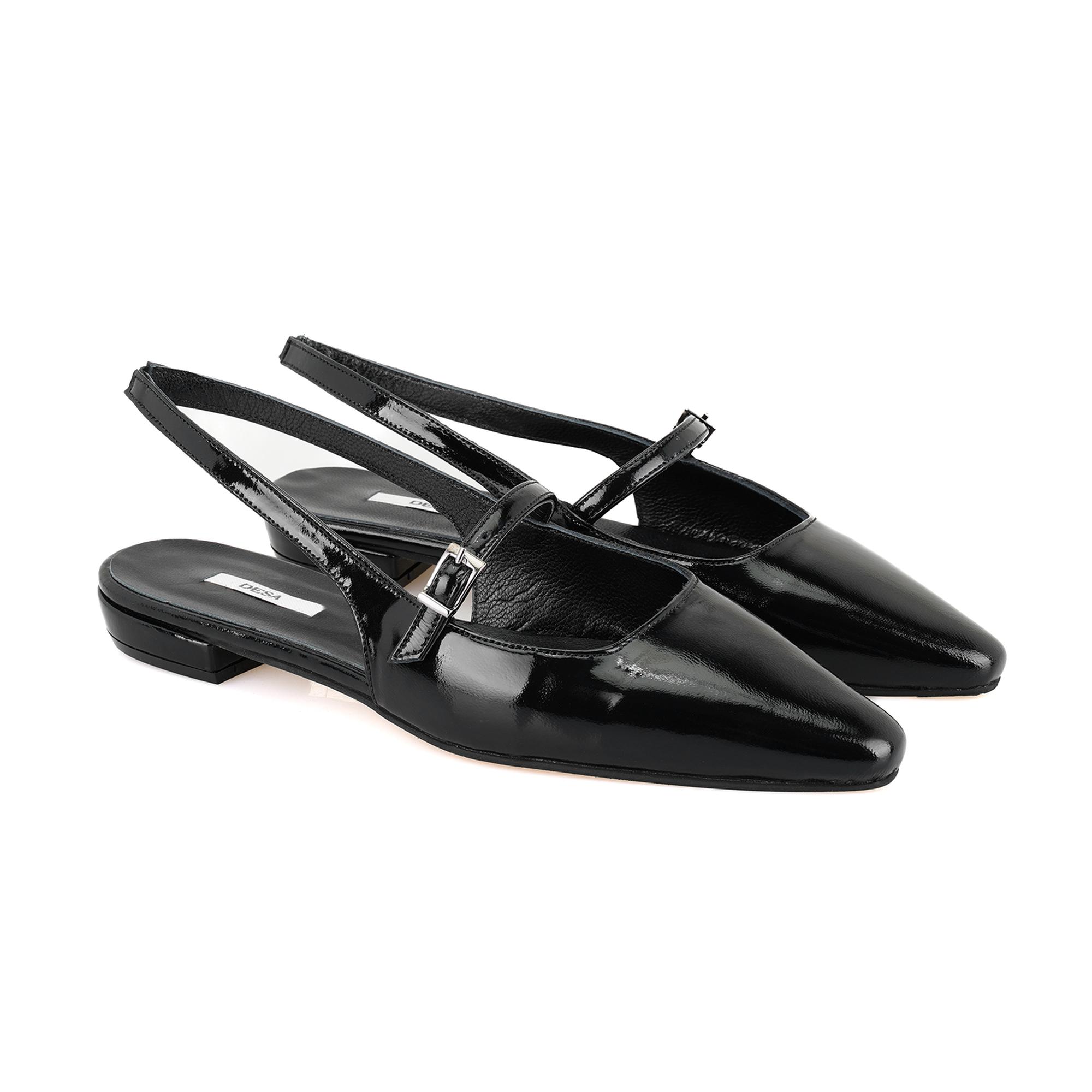 Kadın Siyah Ayarlanabilir Tokalı Deri Babet