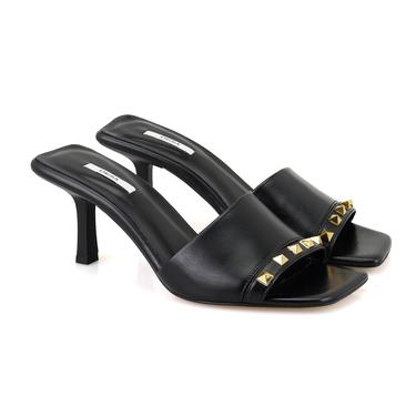  Kadın Siyah Topuklu Deri Terlik