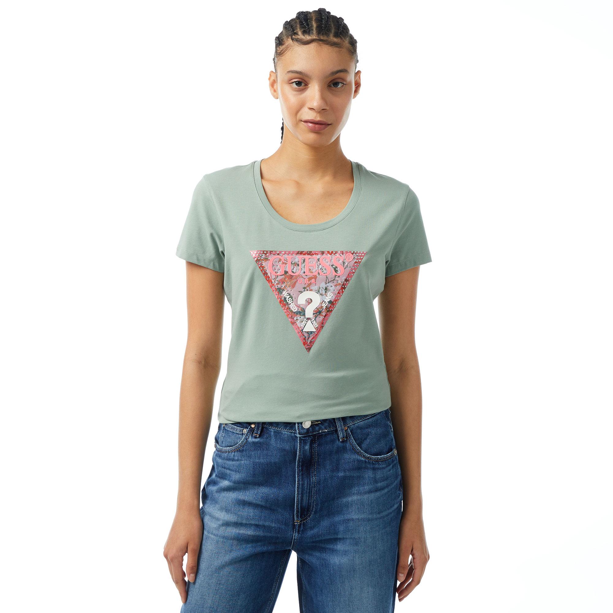 Guess Ss Rn Satin Triangle Kadın Yeşil T-Shirt
