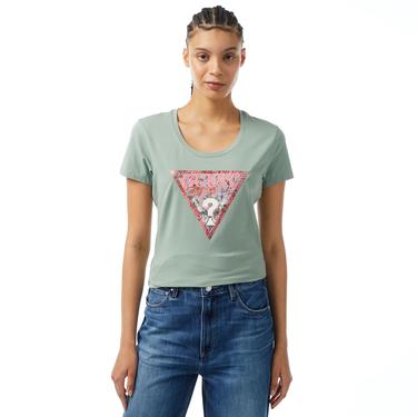  Guess Ss Rn Satin Triangle Kadın Yeşil T-Shirt