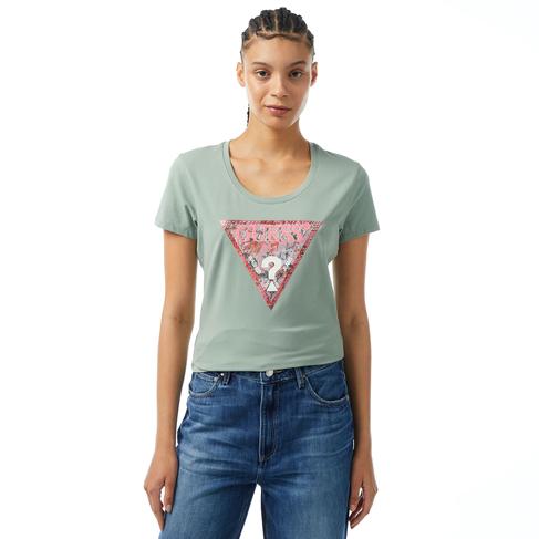  Guess Ss Rn Satin Triangle Kadın Yeşil T-Shirt