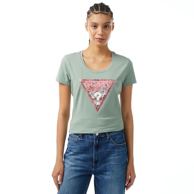  Guess Ss Rn Satin Triangle Kadın Yeşil T-Shirt
