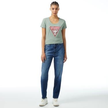  Guess Ss Rn Satin Triangle Kadın Yeşil T-Shirt