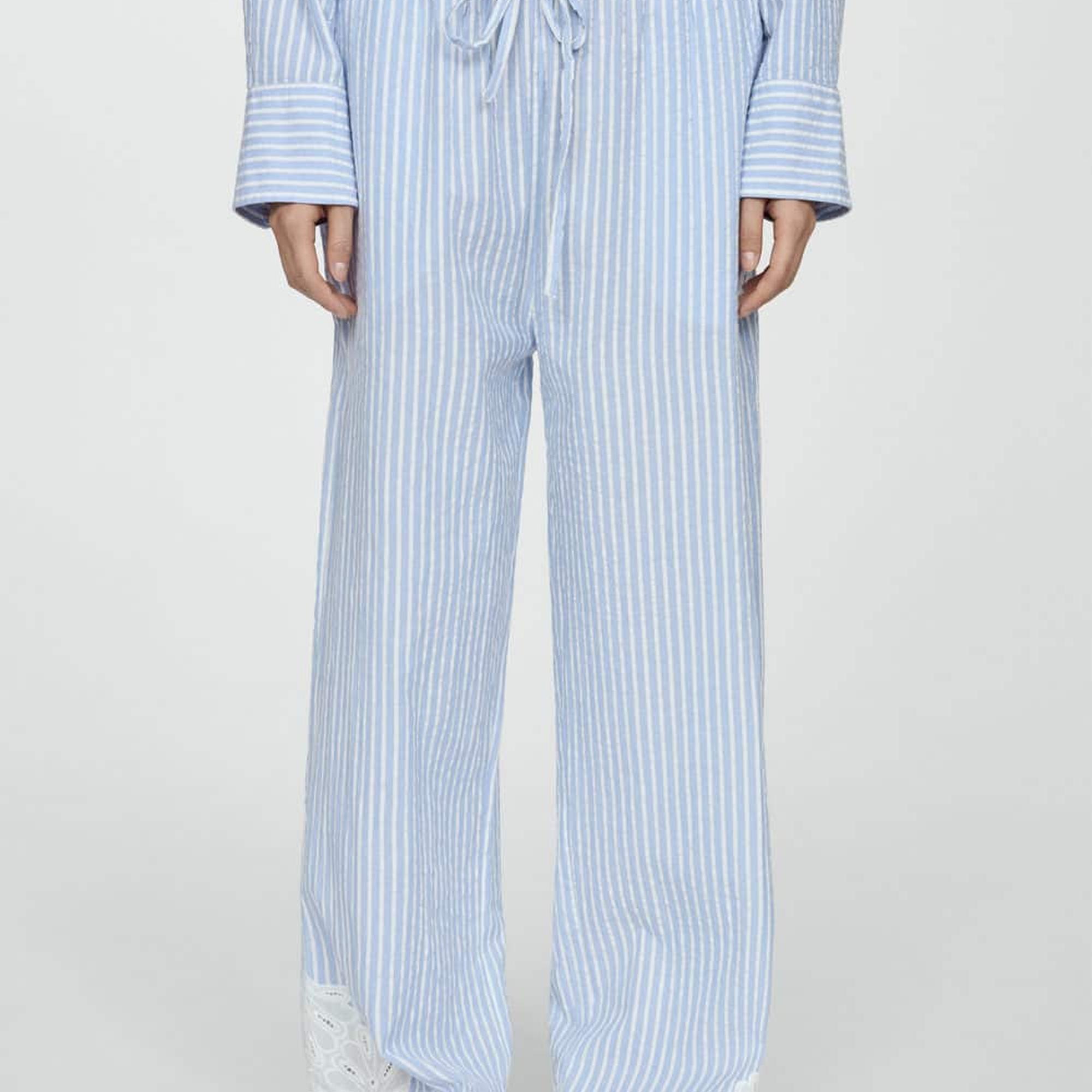 Mango Kadın İşlemeli Çizgili Pantolon Gök Mavisi