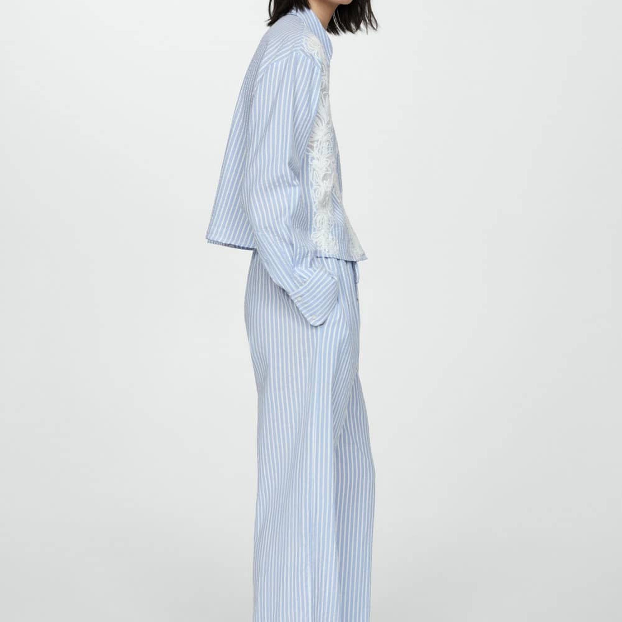 Mango Kadın İşlemeli Çizgili Pantolon Gök Mavisi