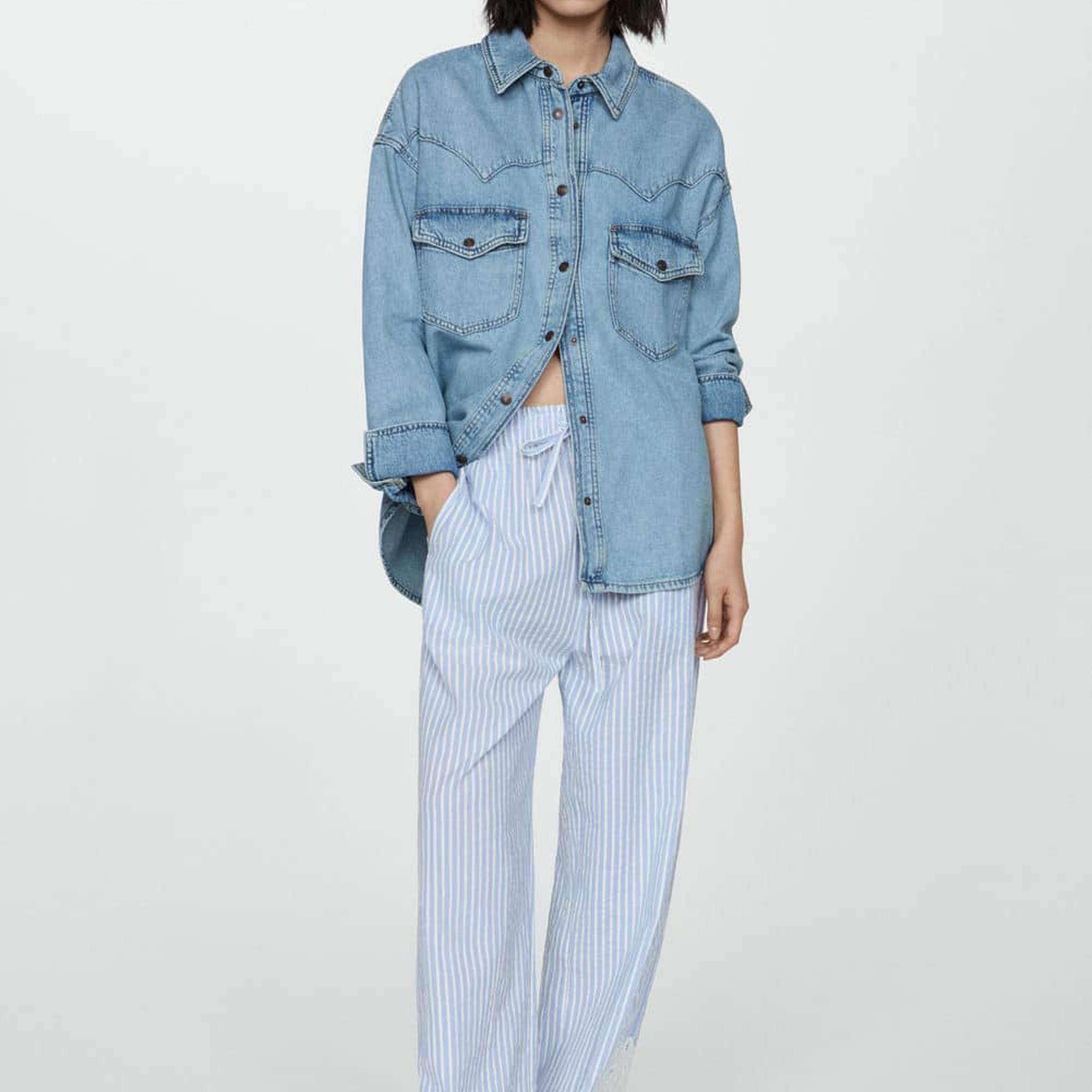 Mango Kadın İşlemeli Çizgili Pantolon Gök Mavisi