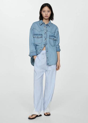  Mango Kadın İşlemeli Çizgili Pantolon Gök Mavisi